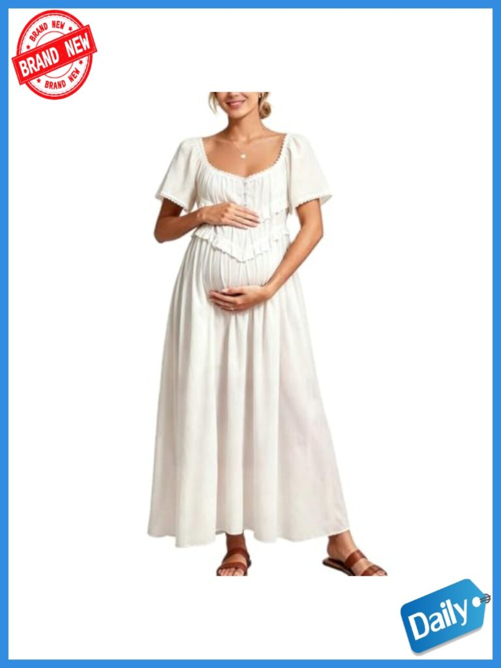 Maternity Maxi Dress Cotton Blend Ruffle Lace Trim Short Sleeve Backless Casual
